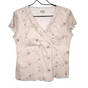Vtg Baby Doll Top Women L Pale Fairy Y2K Top Lettuce Hem Cottagecore Mesh Floral